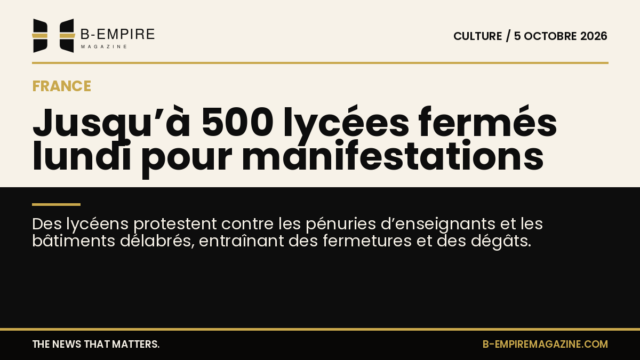 Visuel divisée en deux parties montrant un lycée français fermé et une manifestation étudiante avec pancartes.