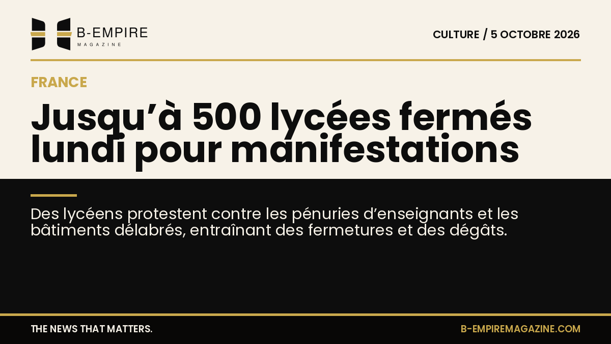 Visuel divisée en deux parties montrant un lycée français fermé et une manifestation étudiante avec pancartes.