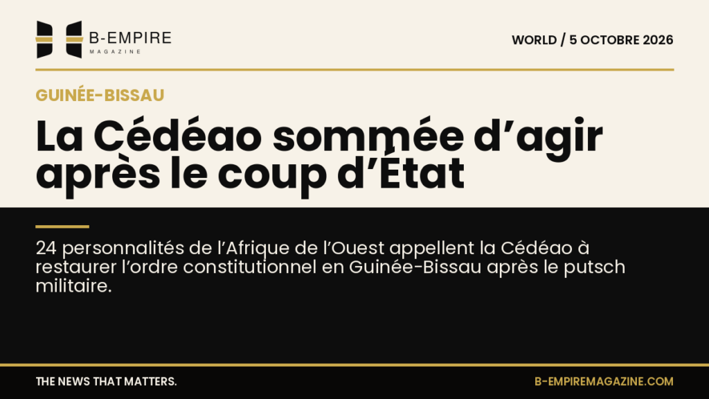 Visuel split avec moitié fond papier et moitié fond noir, titre à cheval évoquant la crise politique en Guinée-Bissau et l'interpellation de la Cédéao