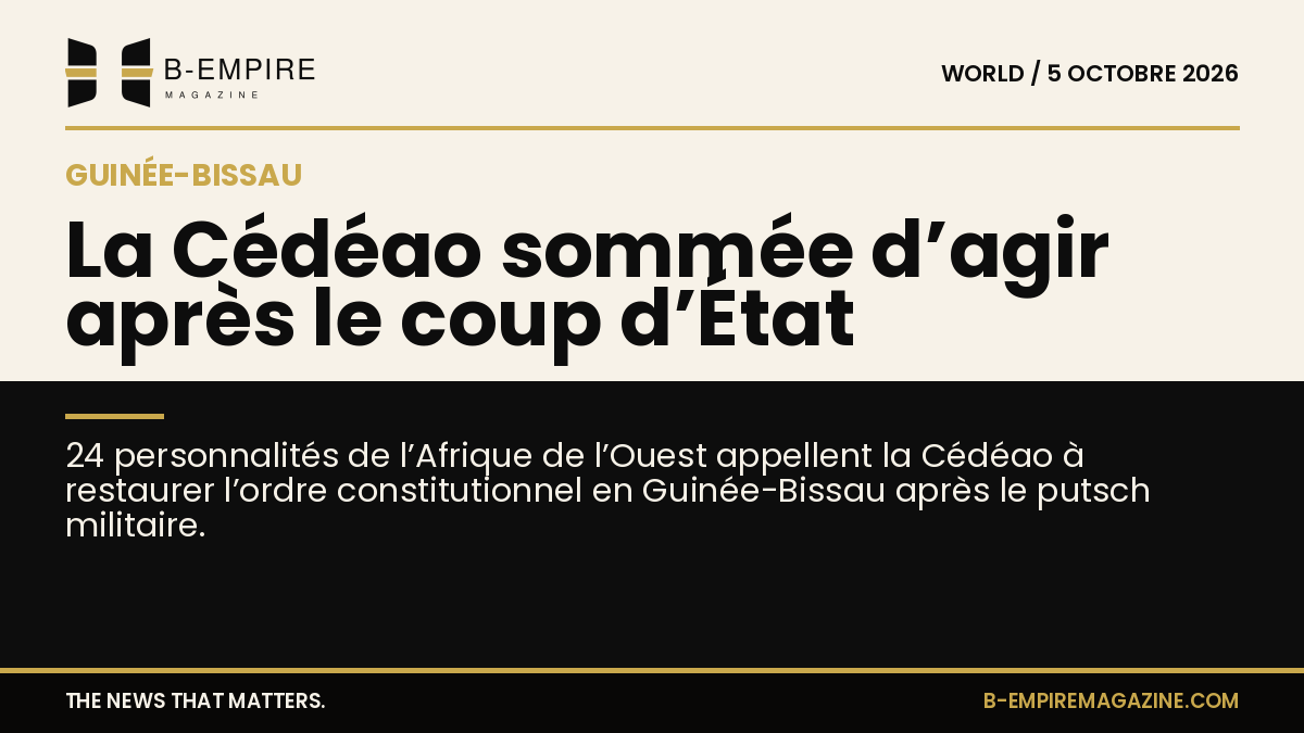 Visuel split avec moitié fond papier et moitié fond noir, titre à cheval évoquant la crise politique en Guinée-Bissau et l'interpellation de la Cédéao