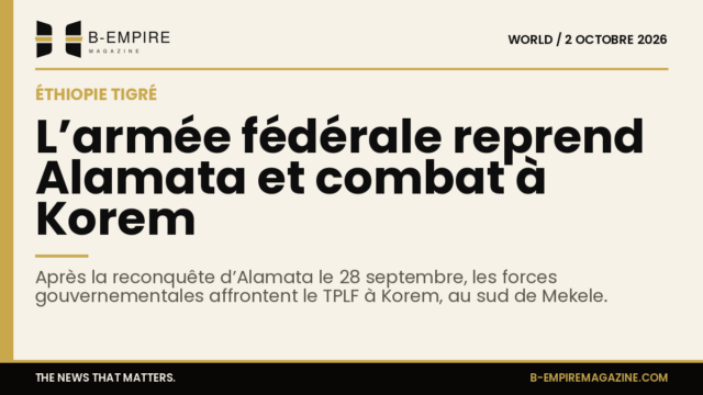 Carte stylisée de la région du Tigré en Éthiopie avec localisation d’Alamata et Korem, zones de combats entre l’armée fédérale et le TPLF.