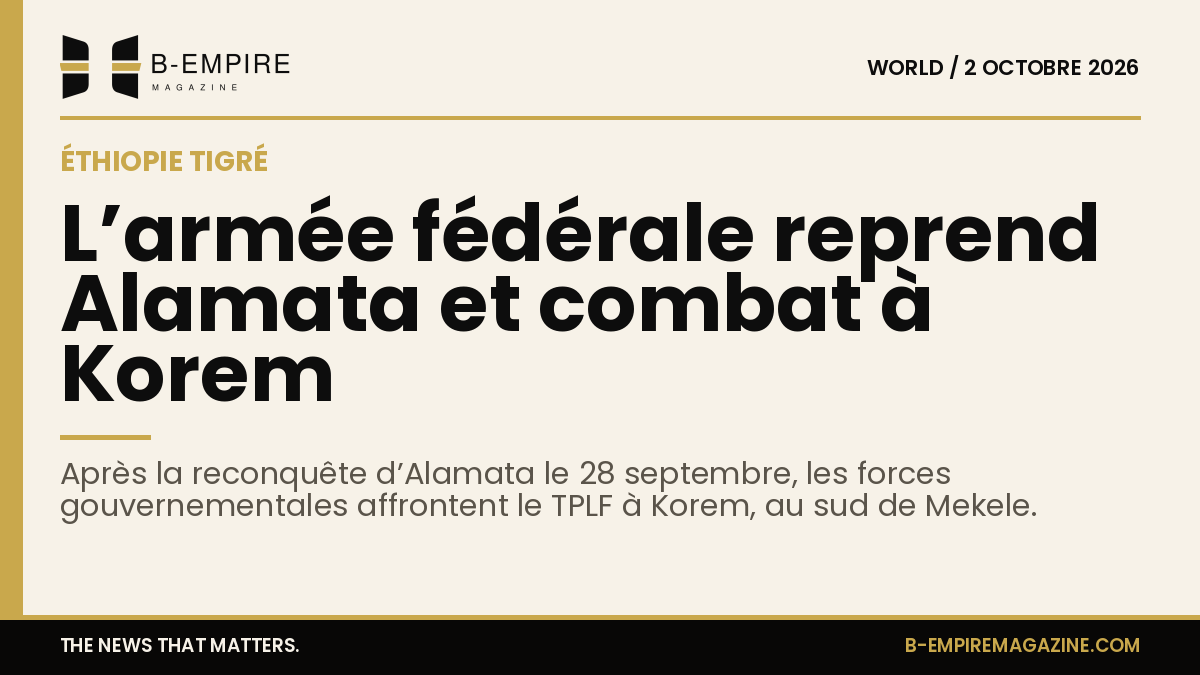 Carte stylisée de la région du Tigré en Éthiopie avec localisation d’Alamata et Korem, zones de combats entre l’armée fédérale et le TPLF.