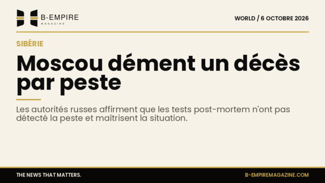 Texte en design stat avec fond papier, titre en encre noire sur la peste en Sibérie et démenti de Moscou