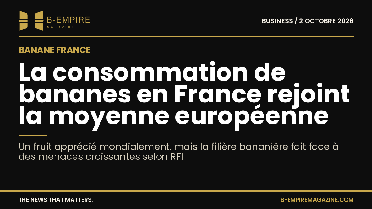 Visuel avec fond noir et texte en blanc et or sur la consommation de bananes en France et les menaces pour la filière