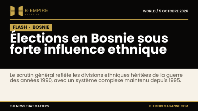 Visuel noir avec bloc blanc indiquant FLASH et titre en or sur fond noir relatif aux élections en Bosnie sous influence ethnique