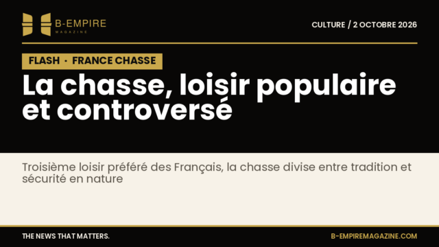 Texte en bloc noir avec le mot FLASH en haut à gauche et le titre « La chasse, loisir populaire et controversé » en blanc et or