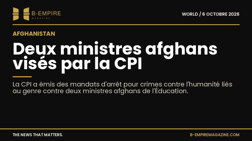 Image sombre avec texte blanc et or annonçant les mandats d'arrêt de la CPI contre deux ministres afghans pour crimes contre l'humanité liés au genre.