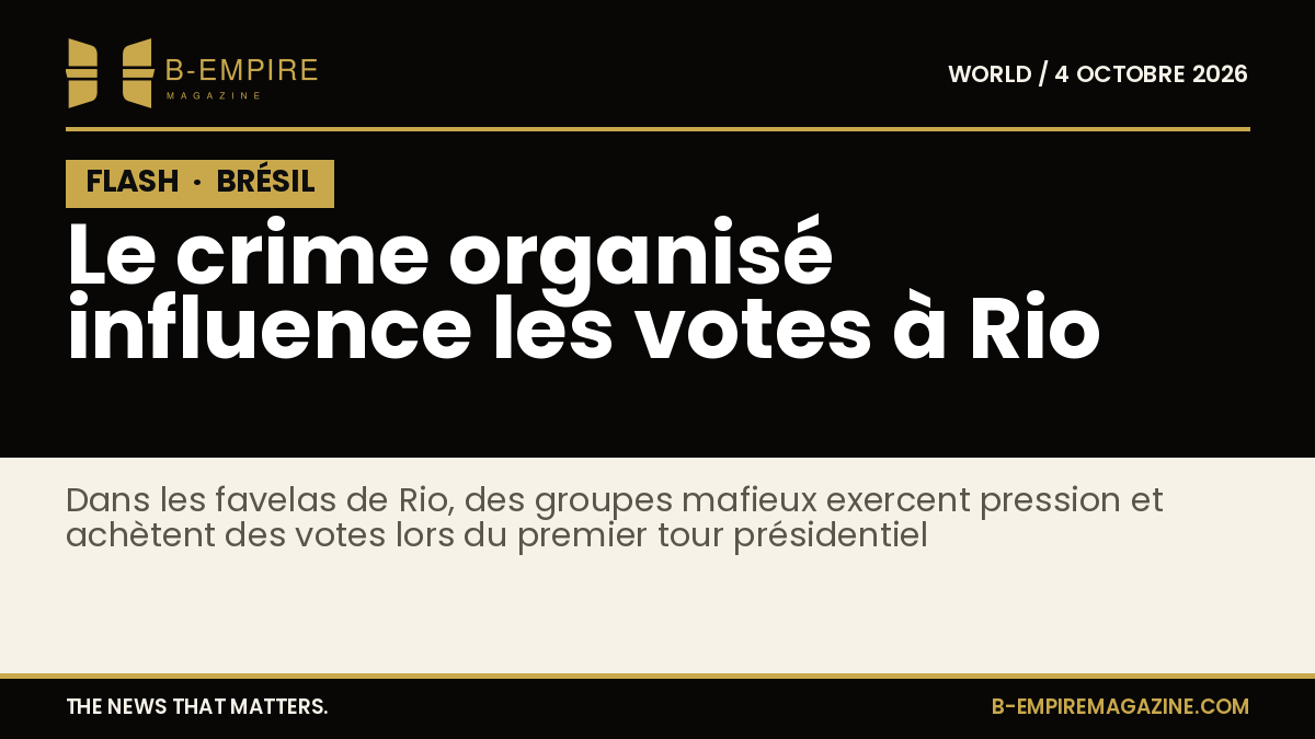 Illustration sombre avec le mot FLASH en bloc noir et jaune, symbolisant une information urgente sur le crime organisé et les élections au Brésil