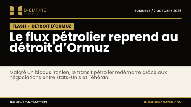Illustration du détroit d’Ormuz avec un tanker pétrolier naviguant sous un ciel nuageux