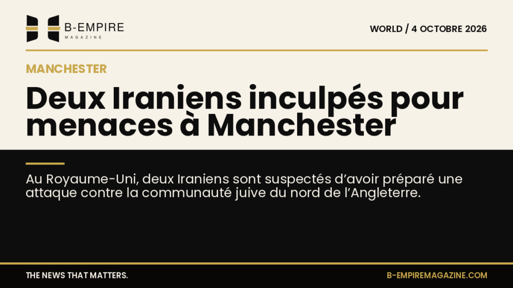 Texte sur fond partagé entre papier et noir avec titre sur l'inculpation de deux Iraniens pour attaque à Manchester