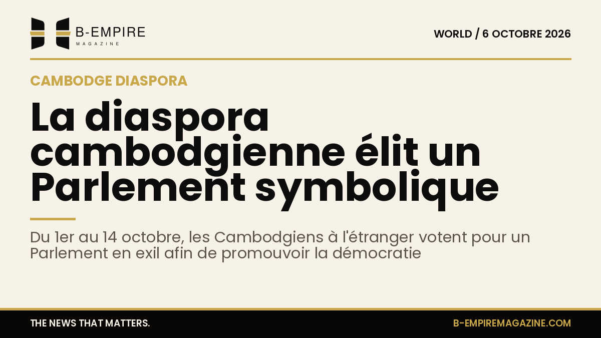 Visuel avec fond papier, titre en encre noire et éléments graphiques en or, évoquant un vote symbolique au Cambodge