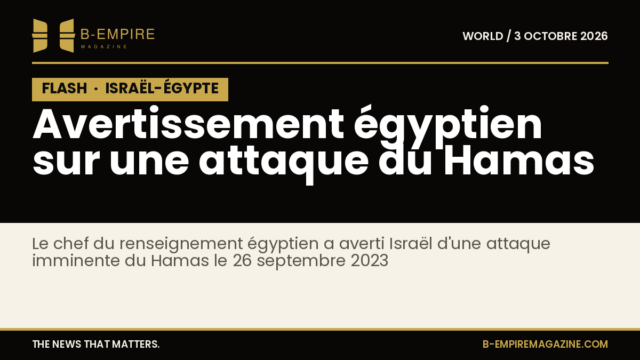 Bloc noir avec le mot FLASH en blanc, titre en or avertissant d'une attaque imminente du Hamas