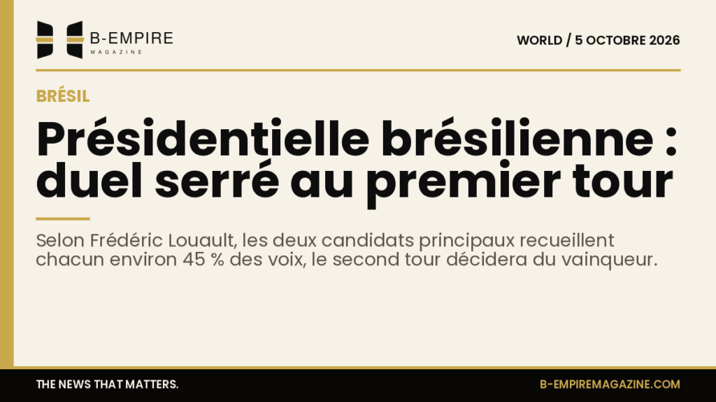 Graphique élégant avec bande or et titre encre sur fond papier illustrant la présidentielle brésilienne et le duel serré entre deux candidats à 45% des voix.