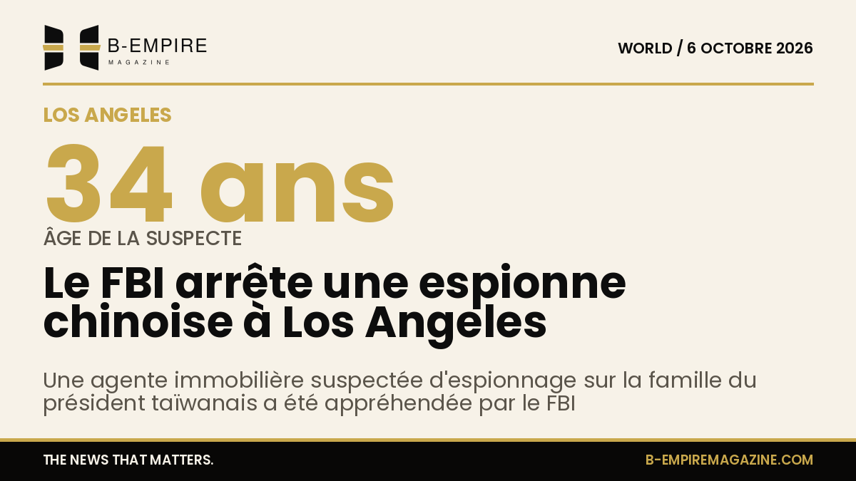 Visuel avec le chiffre 34 en grand, fond papier, titre en encre mentionnant arrestation à Los Angeles par le FBI pour espionnage