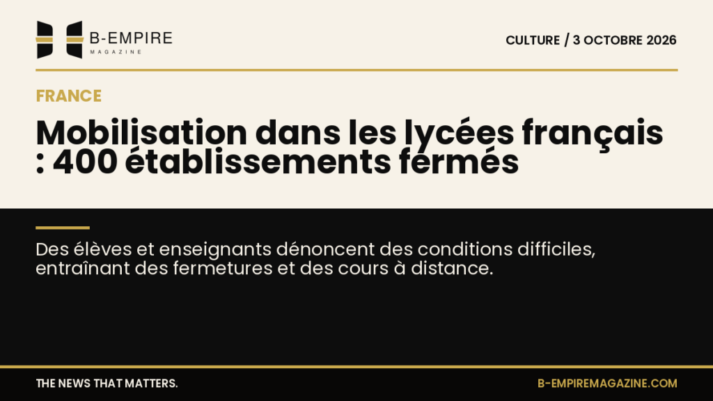 Photographie d’un lycée français avec des élèves devant l’entrée, symbolisant une mobilisation et une fermeture d’établissement.