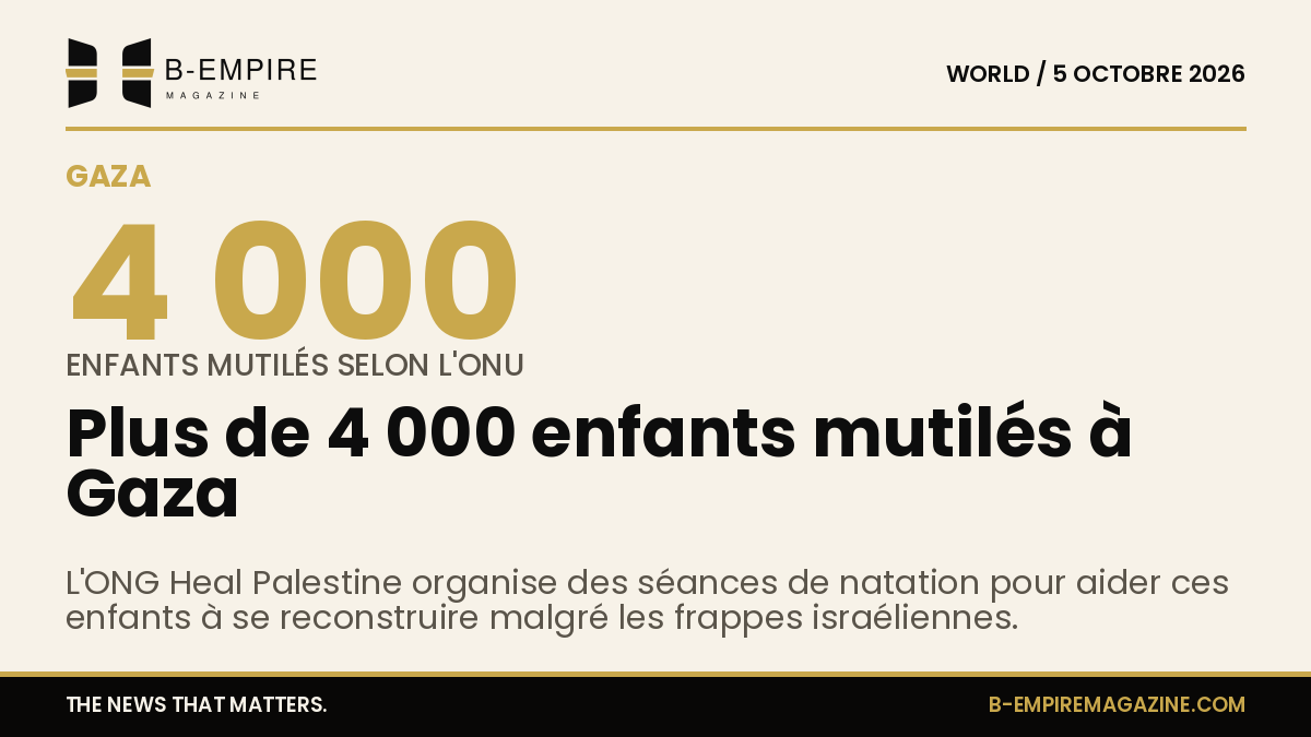 Infographie indiquant le chiffre de 4 000 enfants mutilés à Gaza, avec le logo de l'ONG Heal Palestine et un bassin de natation en arrière-plan.