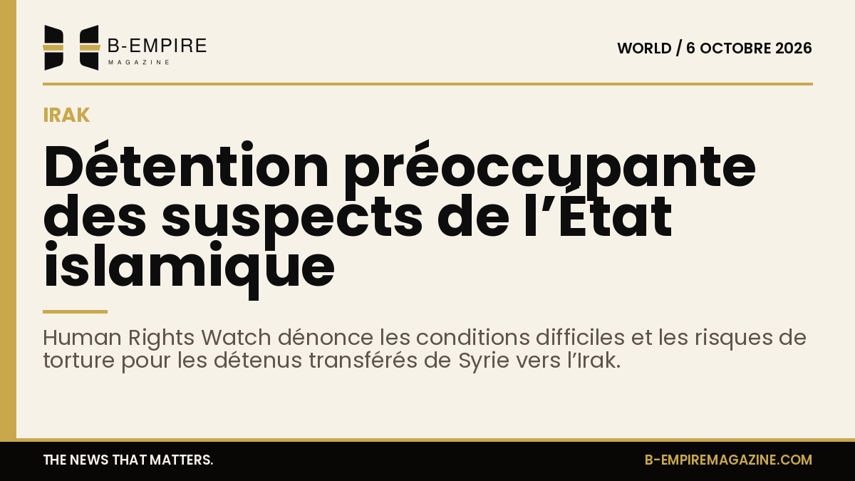 Visuel avec bande or et titre en encre sur fond papier évoquant la détention en Irak des suspects de l’État islamique selon Human Rights Watch.