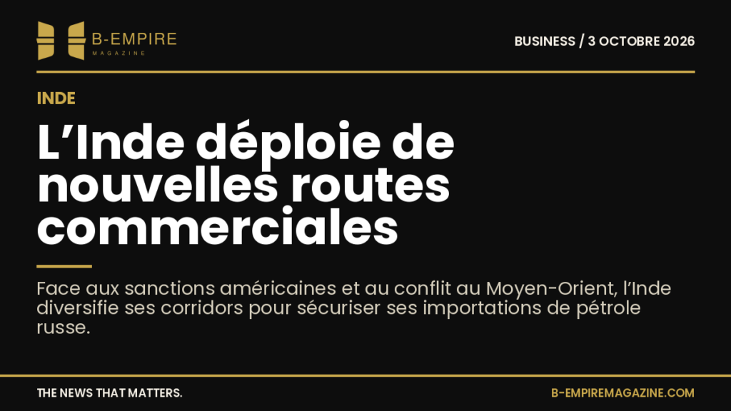 Carte stylisée montrant l’Inde avec des flèches dorées représentant de nouvelles routes commerciales sur fond noir.