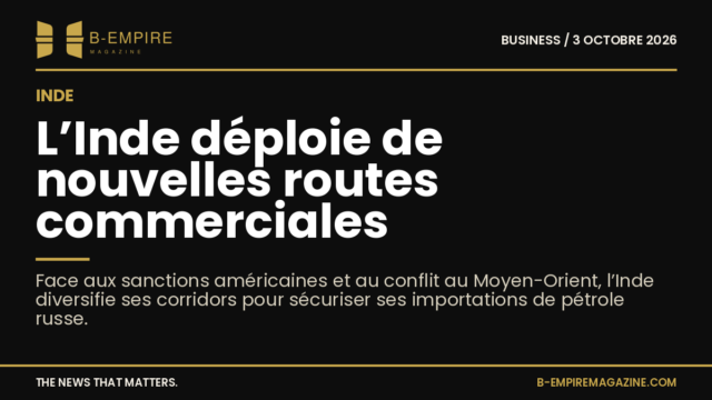 Carte stylisée montrant l’Inde avec des flèches dorées représentant de nouvelles routes commerciales sur fond noir.