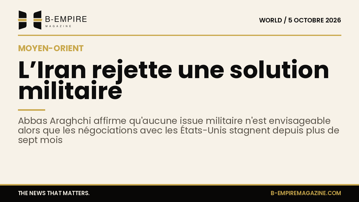 Visuel avec un fond papier et un titre en encre indiquant que l’Iran rejette une solution militaire au conflit au Moyen-Orient