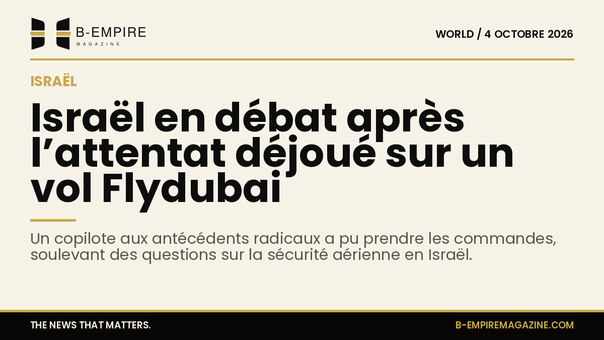 Visuel sobre avec fond papier et grand titre en encre : Israël en débat après l’attentat déjoué sur un vol Flydubai
