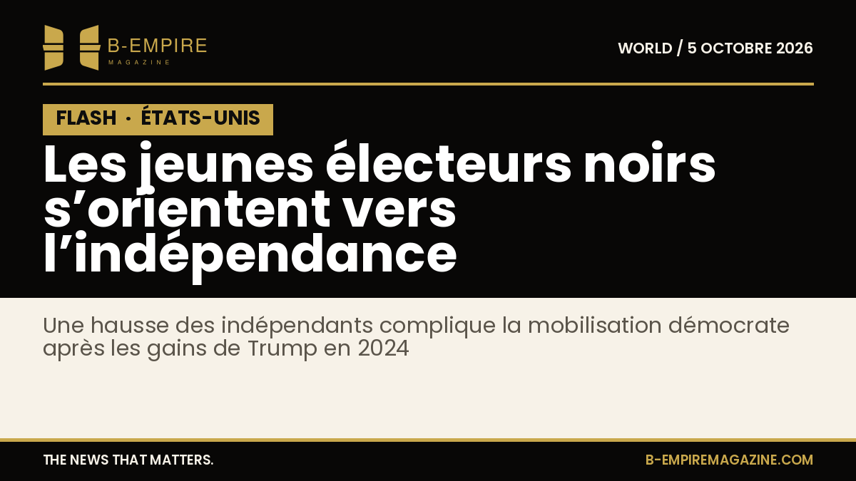 Titre blanc sur fond noir avec un bloc FLASH en haut à gauche, évoquant une information urgente sur la politique américaine et les jeunes électeurs noirs.