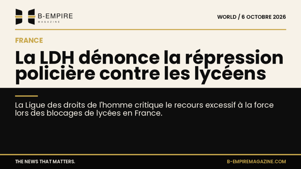 Visuel avec un fond divisé entre papier et noir, titre mettant en avant la critique de la LDH sur la répression policière lors des blocages lycéens en France.