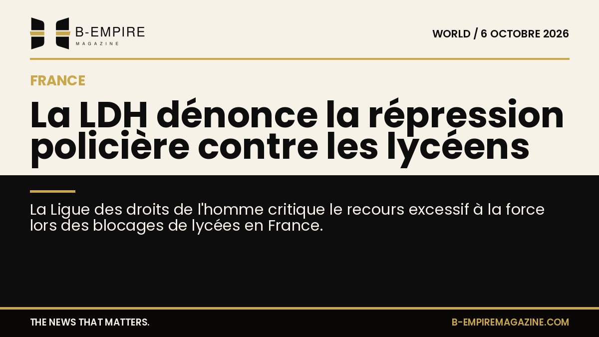 Visuel avec un fond divisé entre papier et noir, titre mettant en avant la critique de la LDH sur la répression policière lors des blocages lycéens en France.