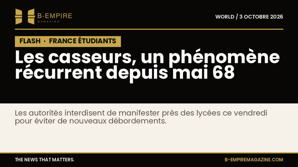 Affiche noire avec le mot FLASH en blanc et or, soulignant une information urgente sur les manifestations étudiantes en France.