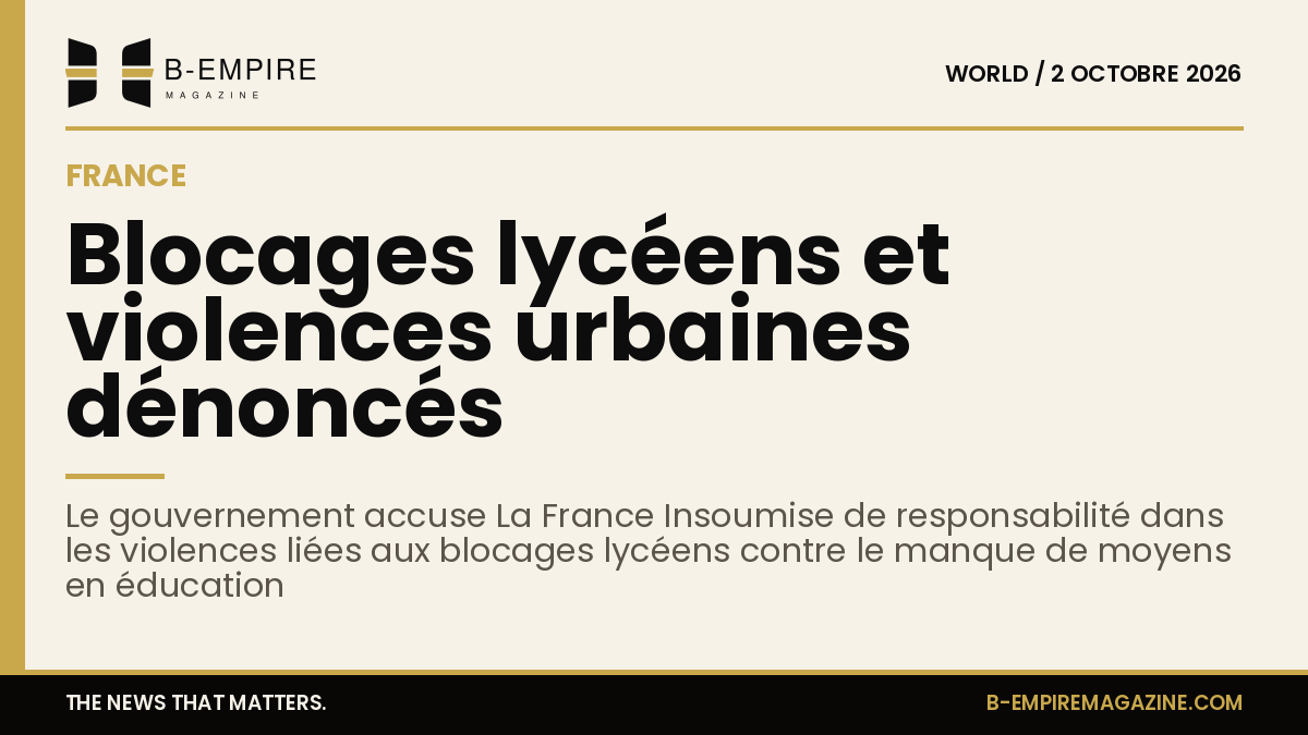 Titre sur fond papier avec une bande or en haut, mentionnant les blocages lycéens et violences urbaines en France