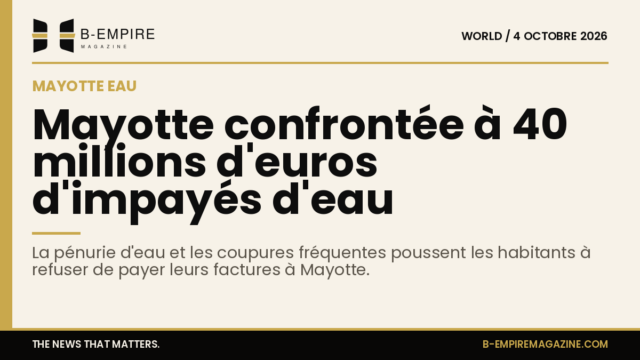 Graphique avec une bande or et le titre annonçant 40 millions d'euros d'impayés d'eau à Mayotte en raison de la pénurie d'eau.