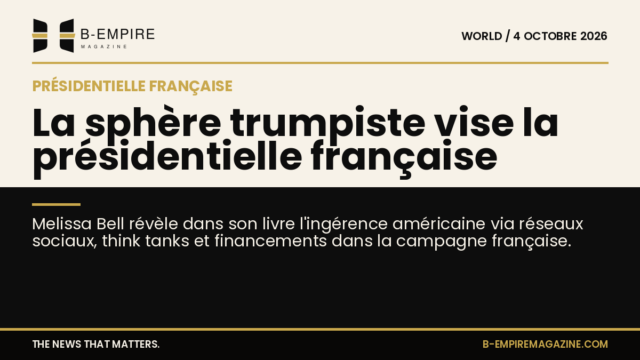 Couverture du livre de Melissa Bell sur l'ingérence américaine dans la présidentielle française, avec un fond divisé entre papier et noir.