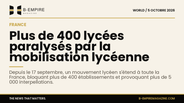 Carte stylisée de France avec des icônes représentant des lycées bloqués et chiffres clés