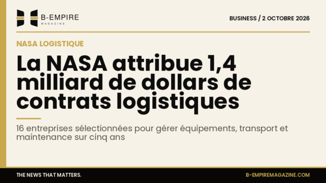 Visuel avec bande or sur fond papier présentant le titre : La NASA attribue 1,4 milliard de dollars de contrats logistiques à 16 entreprises