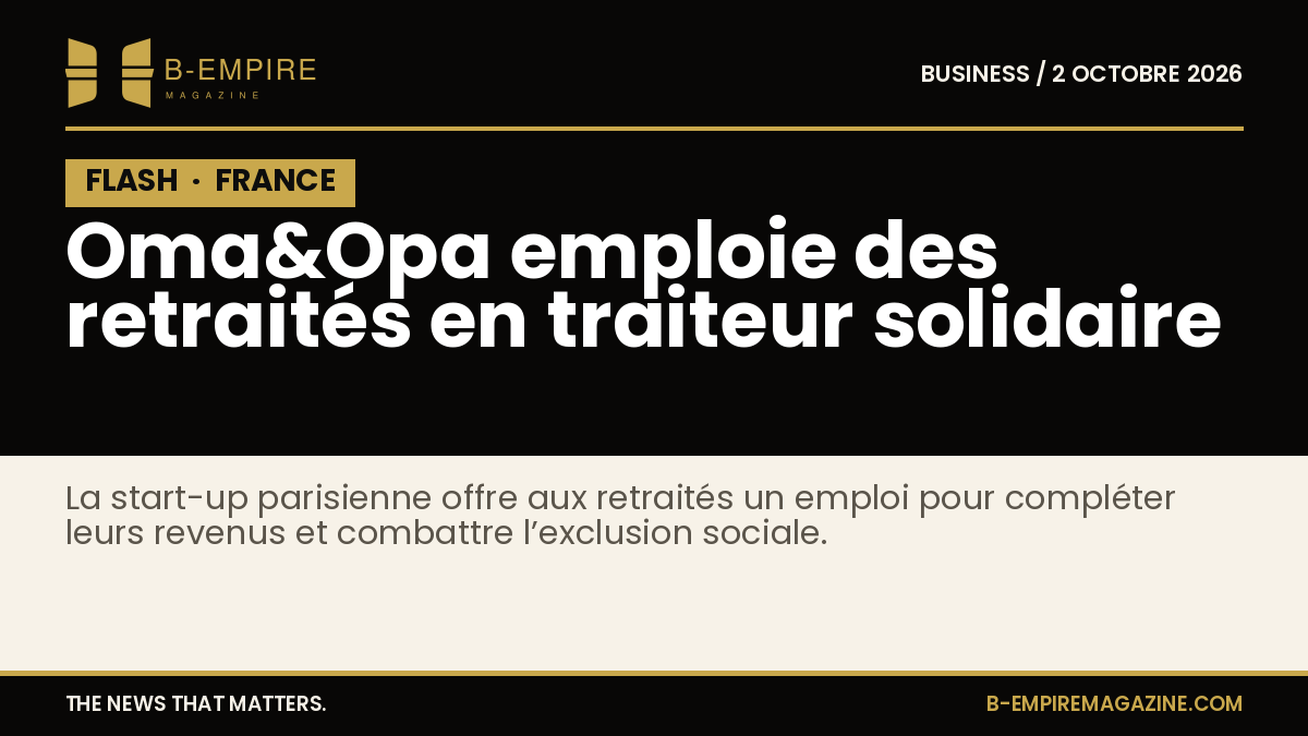 Logo Oma&Opa sur fond papier avec titre sur fond noir indiquant emploi de retraités pour un service traiteur solidaire en France