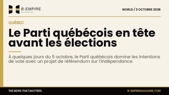 Affiche stylisée avec les couleurs encre et or montrant le logo du Parti québécois et un texte sur fond papier évoquant les élections au Québec.