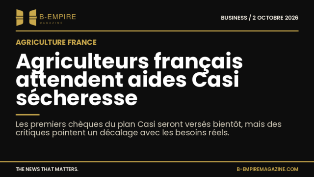 Illustration d'un champ agricole français affecté par la sécheresse avec un ciel clair et des terres sèches.