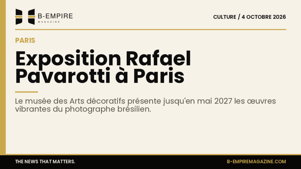 Affiche de l'exposition Rafael Pavarotti au musée des Arts décoratifs de Paris, avec un fond or et titre encre.
