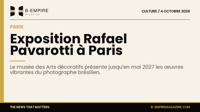 Affiche de l'exposition Rafael Pavarotti au musée des Arts décoratifs de Paris, avec un fond or et titre encre.