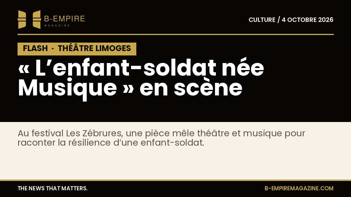 Affiche de la pièce « L’enfant-soldat née Musique », scène avec une actrice et des instruments, ambiance sombre et poétique.