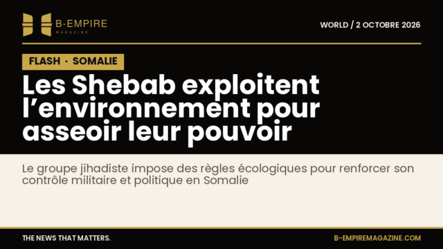Visuel noir avec bloc FLASH en or et titre blanc évoquant l’utilisation des règles environnementales par les Shebab en Somalie