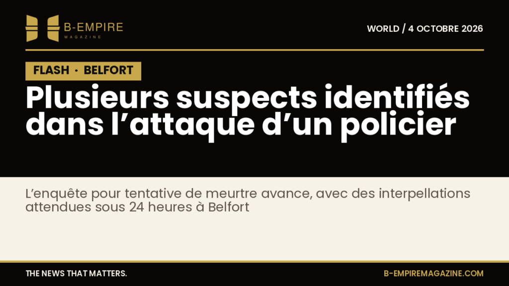 Texte blanc sur fond noir avec bloc noir FLASH en haut à gauche, titre en blanc et or sur fond noir évoquant une information urgente à Belfort.