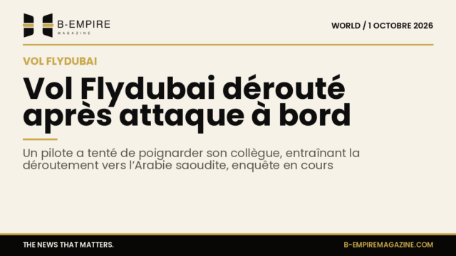 Image stylisée représentant un avion en vol avec un signal d’alerte et une carte indiquant la région Dubaï-Tel-Aviv-Arabie saoudite